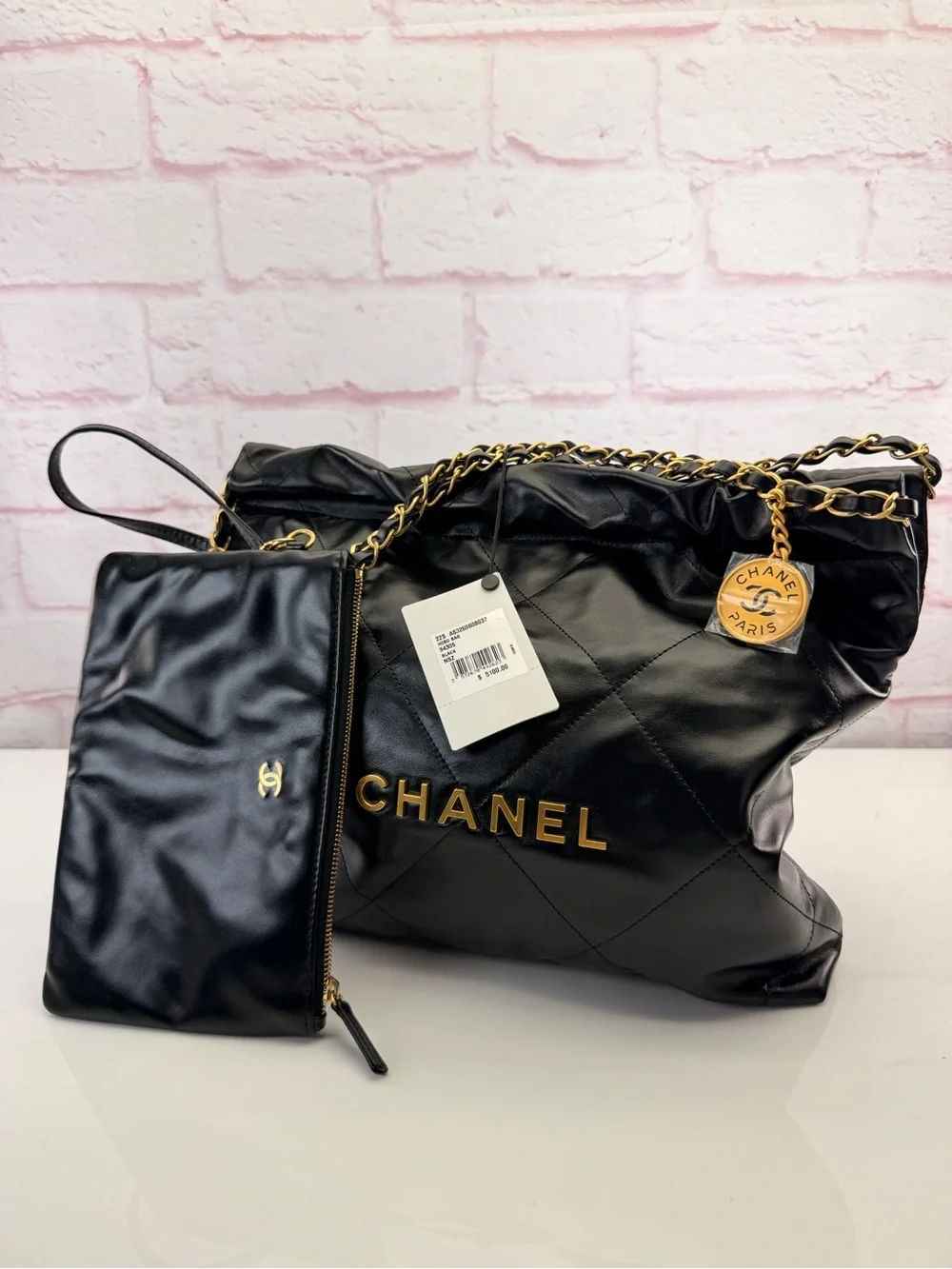 Chanel NWT 22 Shiny Black Quilted Calfskin Leather Hobo Bag with Pouch